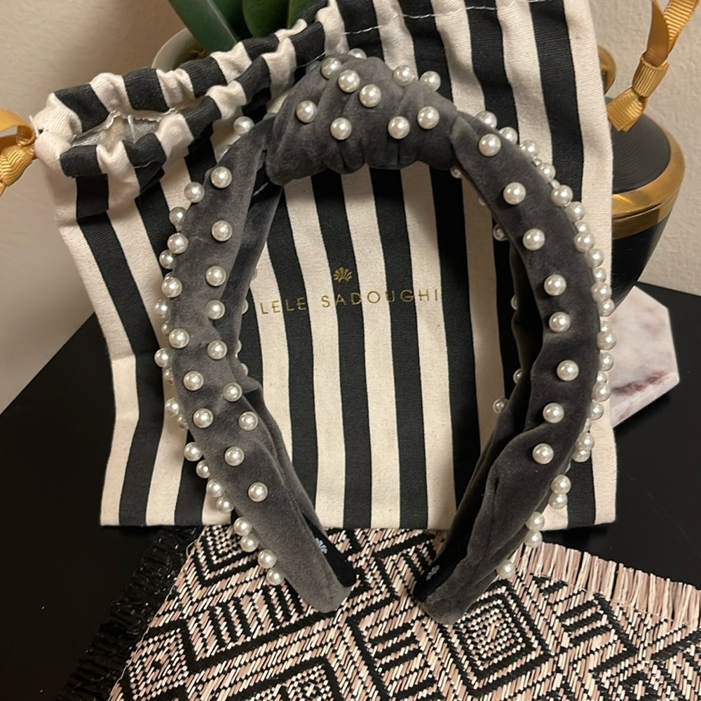 Lele sadoughi crushed grey velvet headband with pearl accents - with duster bag